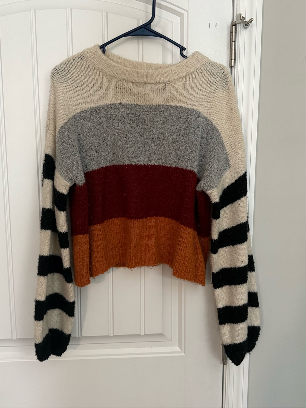 Striped Colorblock Cropped Sweater - Cream, Gray, Maroon & Mustard